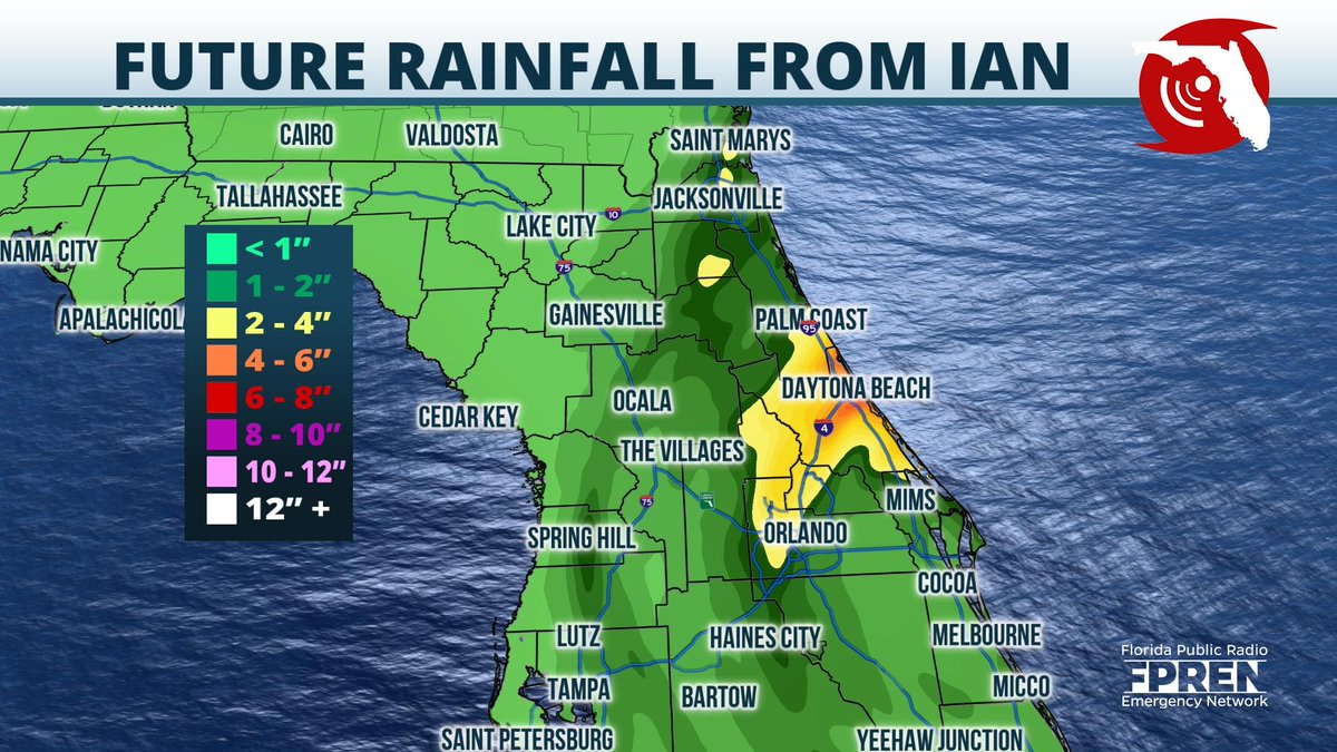 WUFTNews's tweet photo. Tropical Storm Ian is finally offshore but will likely strengthen into hurricane later today then head toward SC. Tropical storm force winds &amp; flooding rains will continue in NE FL through this evening. Lots of water &amp; damage across the state so please travel only if necessary. https://t.co/i4z7s7Ru3H
