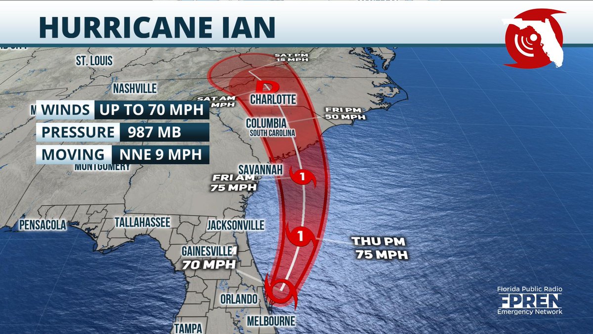 WUFTNews's tweet photo. Tropical Storm Ian is finally offshore but will likely strengthen into hurricane later today then head toward SC. Tropical storm force winds &amp; flooding rains will continue in NE FL through this evening. Lots of water &amp; damage across the state so please travel only if necessary. https://t.co/i4z7s7Ru3H