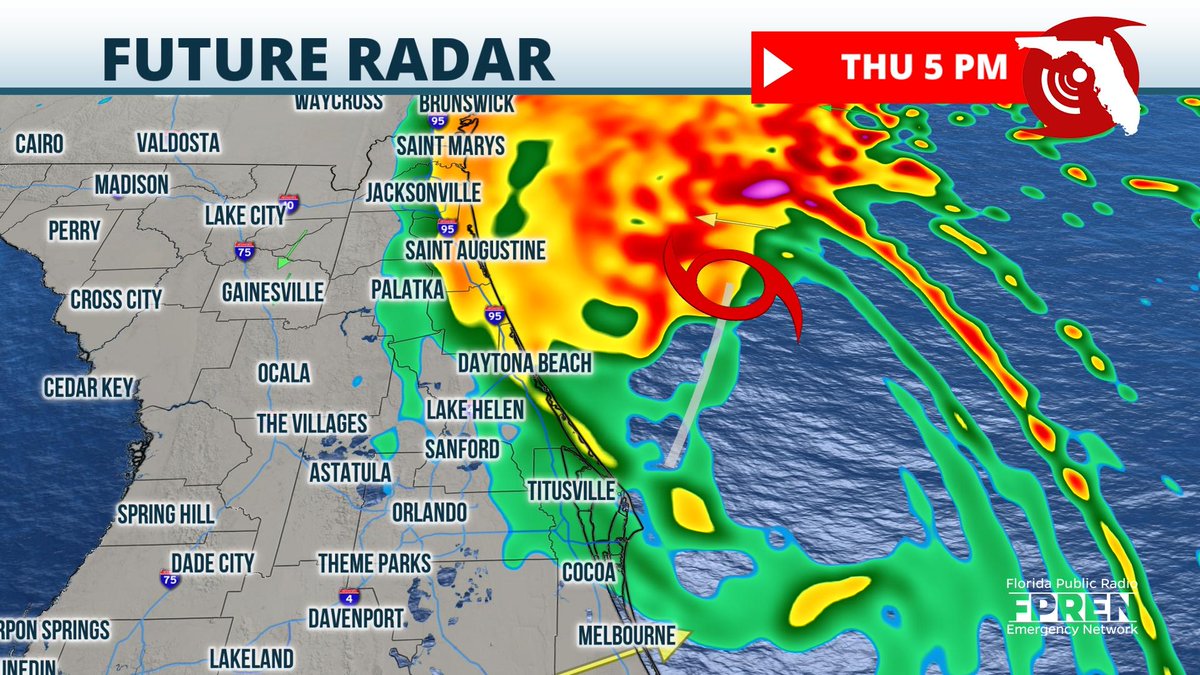 WUFTNews's tweet photo. Tropical Storm Ian is finally offshore but will likely strengthen into hurricane later today then head toward SC. Tropical storm force winds &amp; flooding rains will continue in NE FL through this evening. Lots of water &amp; damage across the state so please travel only if necessary. https://t.co/i4z7s7Ru3H