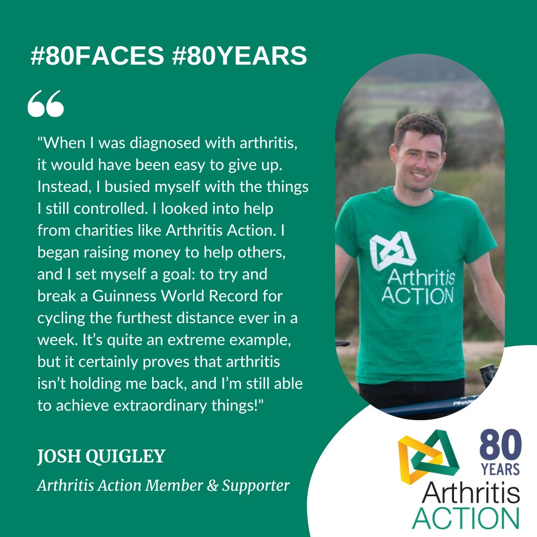 Arthritis_ACTN's tweet photo. Our #80Faces campaign recognises 80 key people who have helped #ArthritisAction over the past #80Years. 
Today we say #thankyou to our cycling fundraiser and supporter Josh, who lives with arthritis and has helped to promote Arthritis Action during his incredible cycling feats. https://t.co/AATvtyvJfV