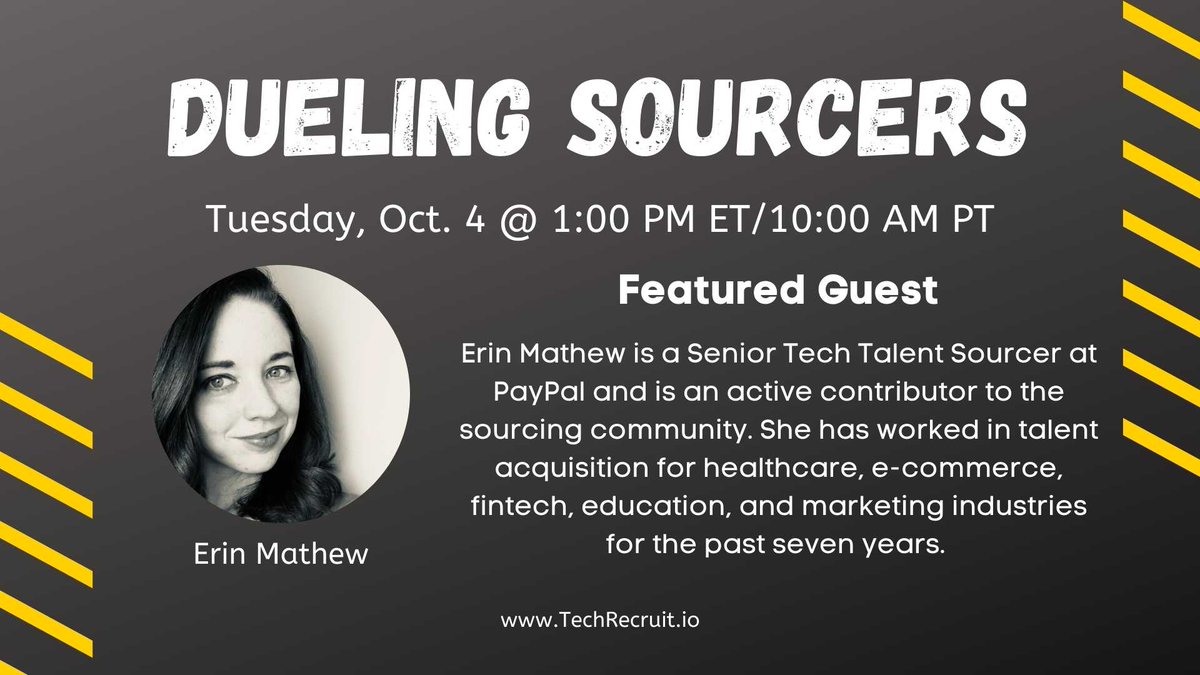 TechRecruitConf's tweet photo. Watch Erin Mathew on the next Dueling Sourcers show on Tuesday, Oct. 4 at 1:00 PM ET. She'll share her tips for sourcing talent in this free, live webinar. Register now at https://t.co/HWFTg8TDPf
#TechRecruit #Talent #recruiting #hiring #sourcing #techhiring https://t.co/j7klvOejwu
