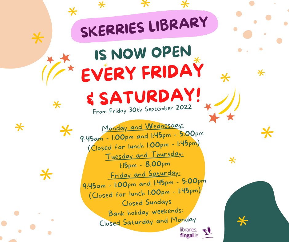 fingallibraries's tweet photo. From Friday 30th September #SkerriesLibrary will be opening on Fridays and Saturdays every weekend!! 

#fingallibraries #fingal #skerries @Fingalcoco https://t.co/6Lx256QJEN