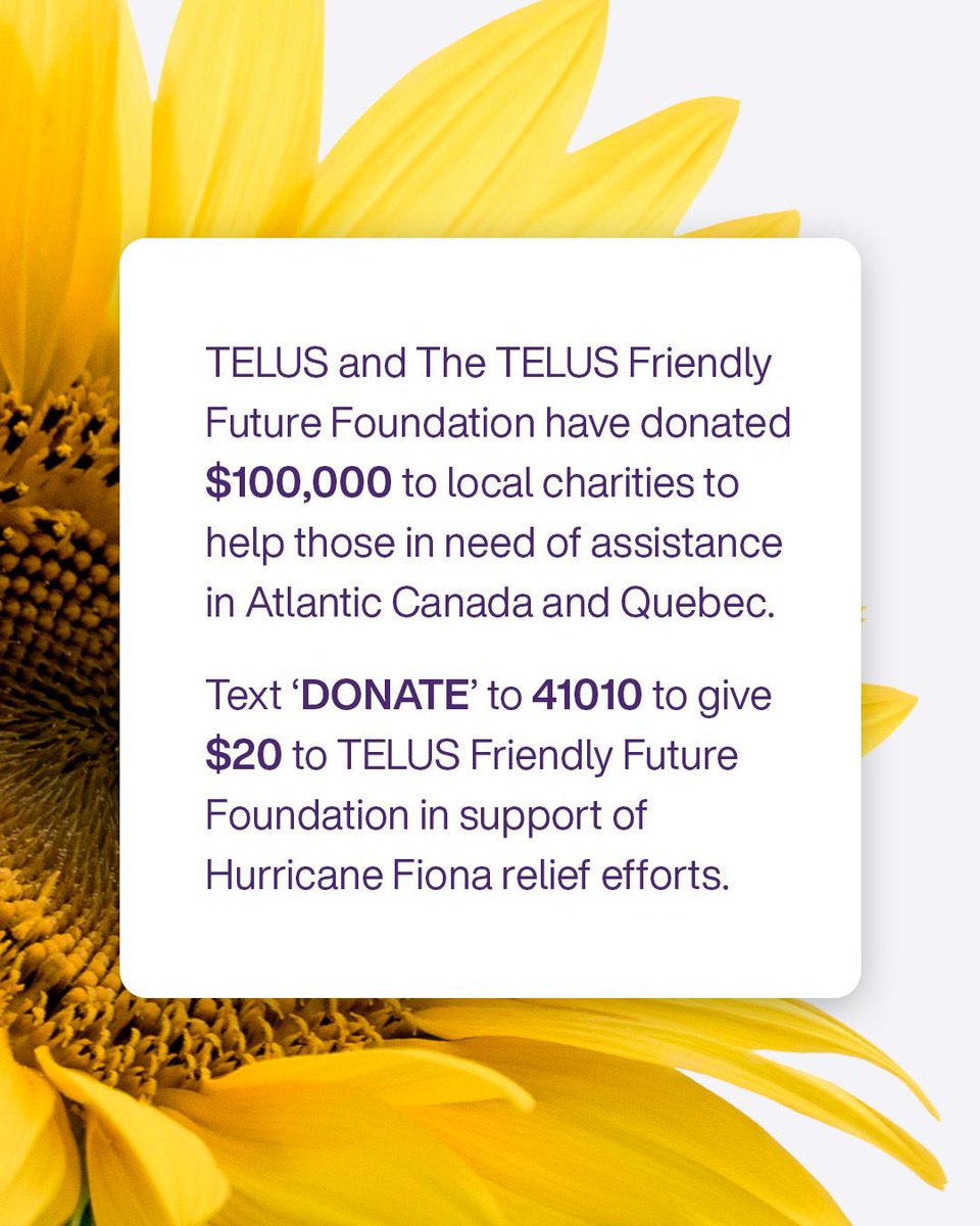 sherrileslie's tweet photo. A reminder to @TELUS customers: if you would like to help, you can support #HurricaneFiona relief efforts by texting 'DONATE' to 41010 to give $20 to The TELUS Friendly Future Foundation. #TELUSteam https://t.co/slugSyiOeL