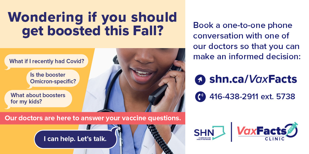 Scarborough Health Network (SHN) (@shncares) on Twitter photo Have you gotten your Fall Booster yet 💉?
Individuals 18+ can get their bivalent booster (Moderna) at our Scarborough COVID-19 Vaccine Clinics! Book an appointment: ScarbVaccine.ca
Have questions? Speak with one of our <a href="/VaxFactsClinic/">VaxFacts Clinic</a> doctors: shn.ca/VaxFacts Have you gotten your Fall Booster yet 💉?
Individuals 18+ can get their bivalent booster (Moderna) at our Scarborough COVID-19 Vaccine Clinics! Book an appointment: ScarbVaccine.ca
Have questions? Speak with one of our <a href="/VaxFactsClinic/">VaxFacts Clinic</a> doctors: shn.ca/VaxFacts