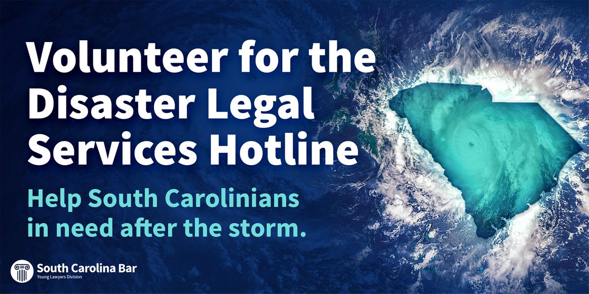 SCBAR's tweet photo. Hurricane Ian is on the move &amp; the @SCBarYLD is now seeking lawyers to help after the storm. Sign up to help those in need of disaster-related legal assistance: https://t.co/5w4I7z5aNb https://t.co/Ox6I4NkDyu