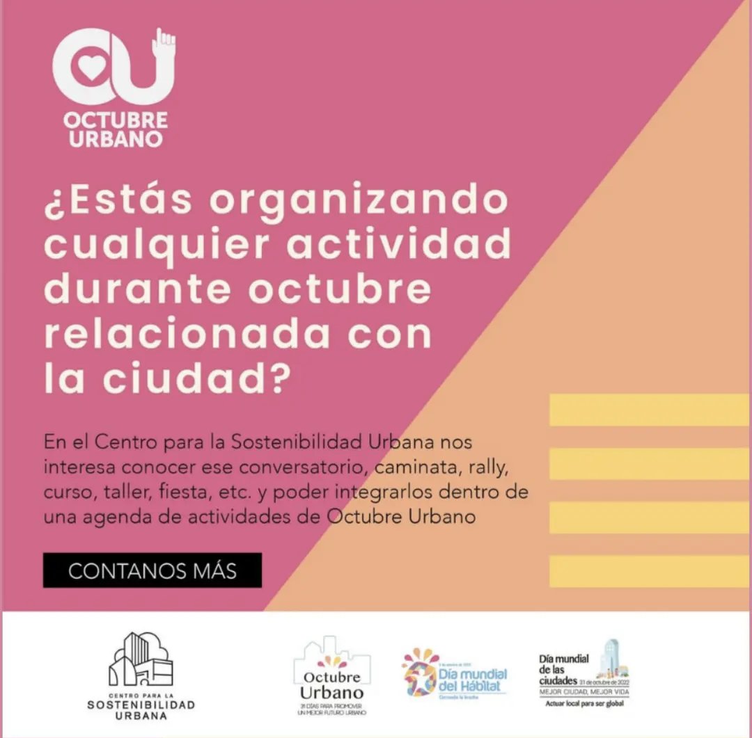 Se acerca Octubre Urbano y queremos invitar a personas, organizaciones, empresas e instituciones a construir una agenda conjunta de actividades que nos ayuden a repensar y mejorar nuestras ciudades

¿Tenés algo organizado para Octubre? Contanos aquí:

docs.google.com/forms/d/e/1FAI…