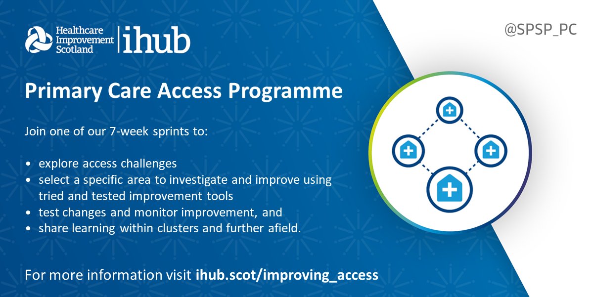 The Primary Care Access Programme has launched❗️ We are looking for primary care teams including GP clusters, GP practices, MDT teams & pharmacotherapy to join our 7-week sprint to help improve access. 🗓️ Closing date: 10 October 2022 Apply➡️ihub.scot/improvement-pr… #PCImprove