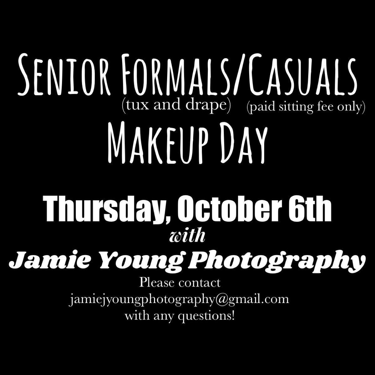 Attention Seniors! 

Please understand that this does not include senior cap and gown photos. These will be taken by Jostens October 13 with more information to come.
