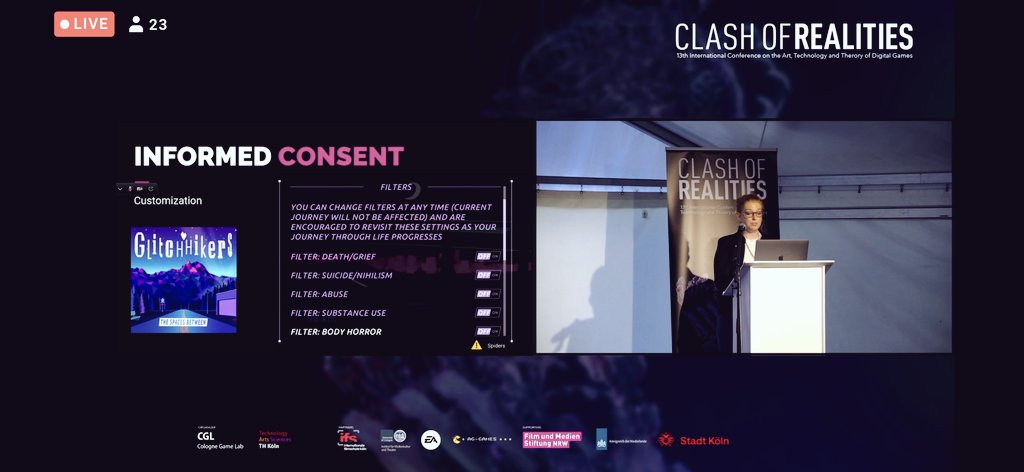 Really enjoyed <a href="/KelliNDunlap/">Kelli Dunlap, PsyD</a> talk at <a href="/ClashORealities/">Clash of Realities</a> this morning about the importance of content, warnings and opting in.