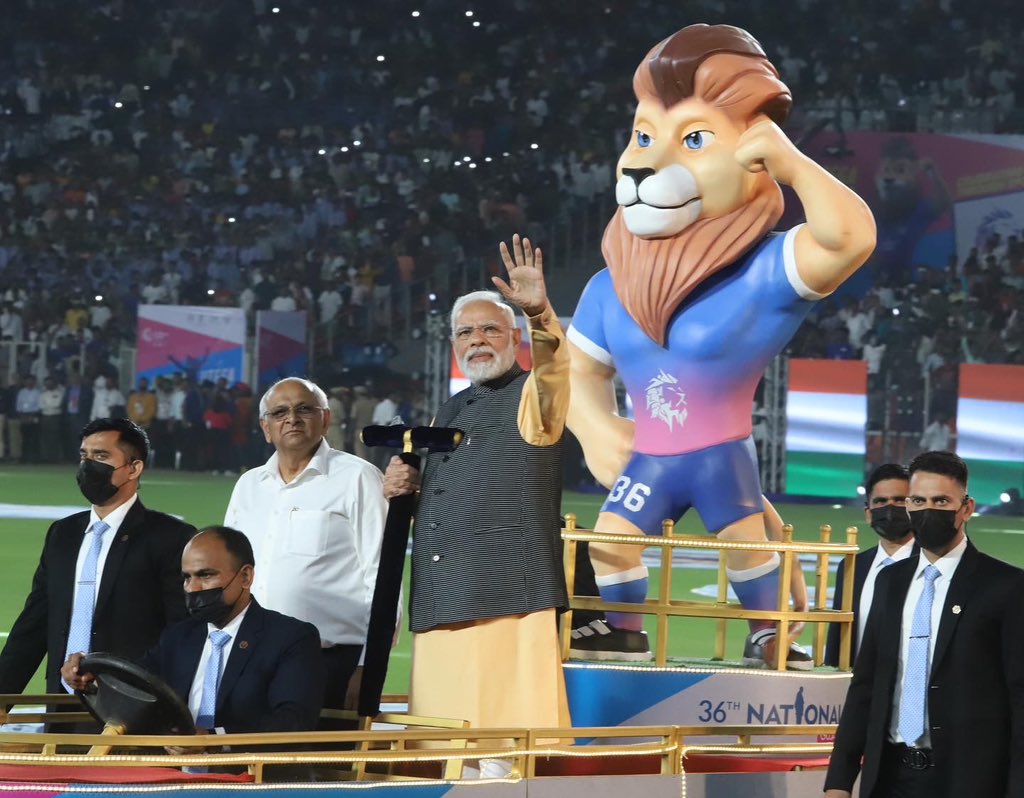 vijayhind's tweet photo. PM Narendra Modi at world's biggest Narendra Modi Stadium @nationalgames https://t.co/sp2CzTs4Tw