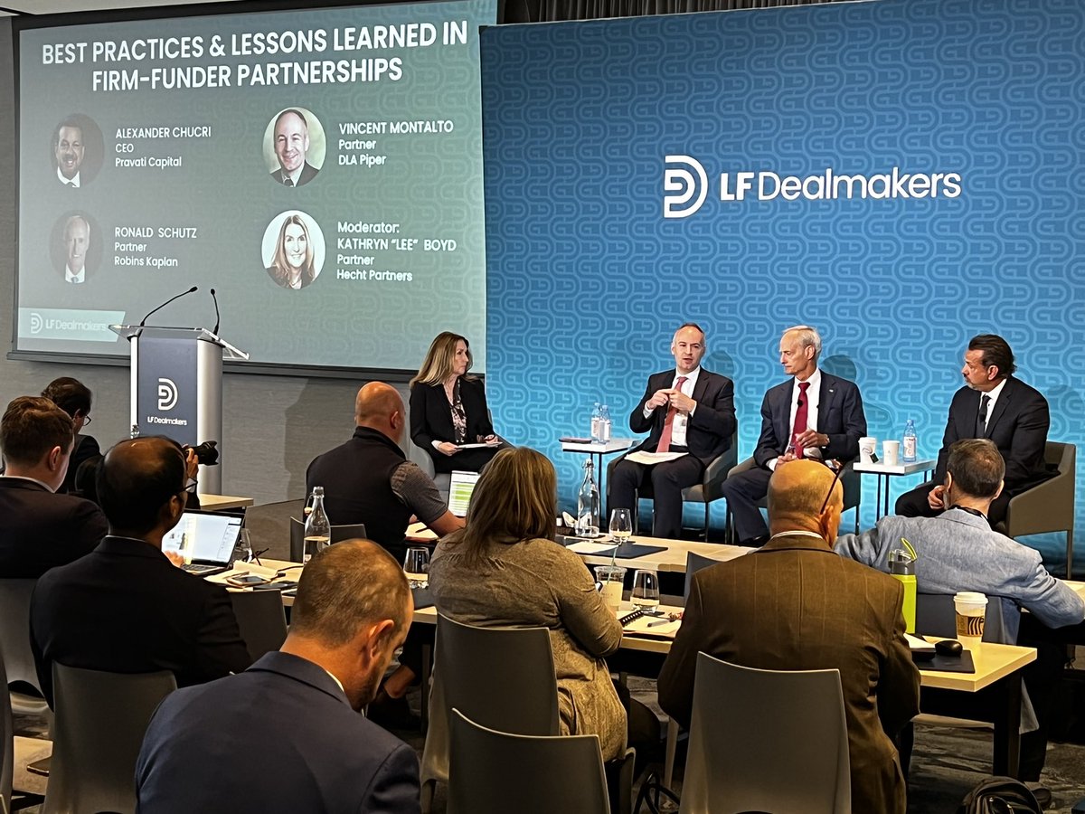 LFdealmakers's tweet photo. Lee Boyd @HechtPartners leading the discussion on mechanics of firm-funder partnerships with A. Chucri @PravatiCapital, V. Montalto @DLA_Piper, and R. Schutz @RobinsKaplan. Data and good processes keys to success! https://t.co/PKceXzNbdM