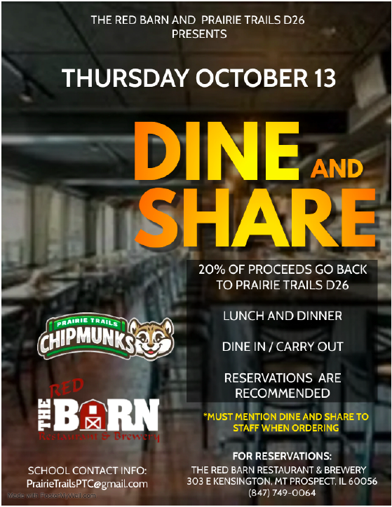 PRTrailsPTC's tweet photo. Come out and support @PrairieTrails26 at Red Barn on Oct 13th!  Great food AND supporting our school - what could be better?!
@RiverTrailsD26 https://t.co/1vTxA6g3wg