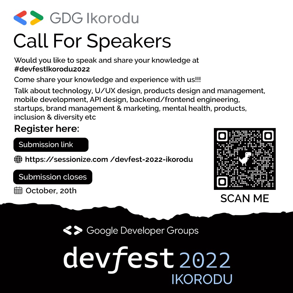 gdgikorodu's tweet photo. CALL FOR SPEAKERS!!!
Would you like to speak and share your knowledge at the #devfestIkorodu2022
Come share your knowledge and experience with us!!

Come talk about technology.
#devfest
#devfest2022
#devfestIkorodu
@Dave_scr1pt @OseJudith @Kolokodess @auwalms @Geektutor https://t.co/O2j8tEWF7B