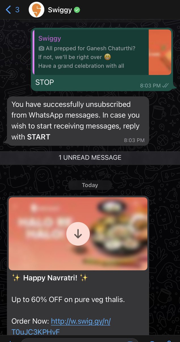 kushvyas's tweet image. Hey ⁦@Swiggy⁩ @SwiggyCares what’s’ up with these lies ! 

First I never gave my consent for you to send me text on WhatsApp and even after unsubscribing and you acknowledging it, Why are you sending messages again ? 

#respectcustomers