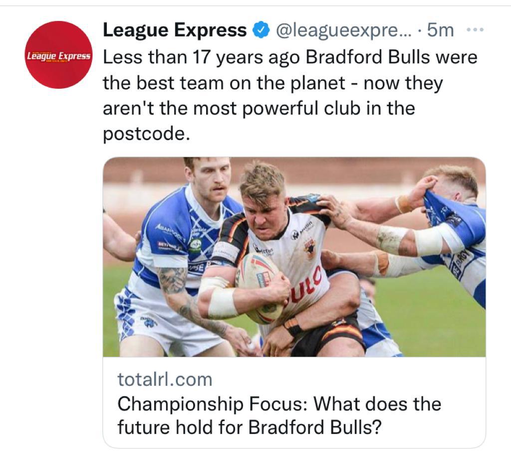 If your a <a href="/OfficialBullsRL/">Bradford Bulls</a> supporter &amp; this headline doesn't seriously depress you there's something a miss.  Underfunded, underperforming and in a death spiral that seems like it will not end till we are gone for good. #bradfordbulls #nigelwoodout #championshiprl #RugbyLeague
