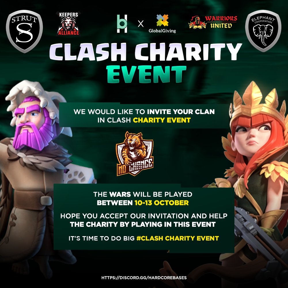 Heya <a href="/TeamNoChance_/">No Chance</a>

You guys are invited to Clash Charity Event 💪

We hope you accept our request 💪

For more information join
👉 discord.gg/hardcorebases
