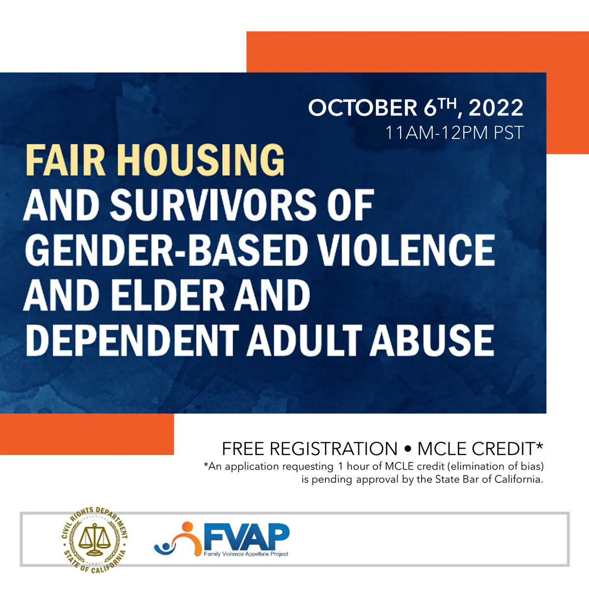 This interactive training will discuss how fair housing rights and protections apply to survivors of gender-based violence, elder abuse, and dependent adult abuse.

Free Registration: buff.ly/3r90kzs 

#LegalAid #FairHousing #MCLE #CaliforniaLaw #California