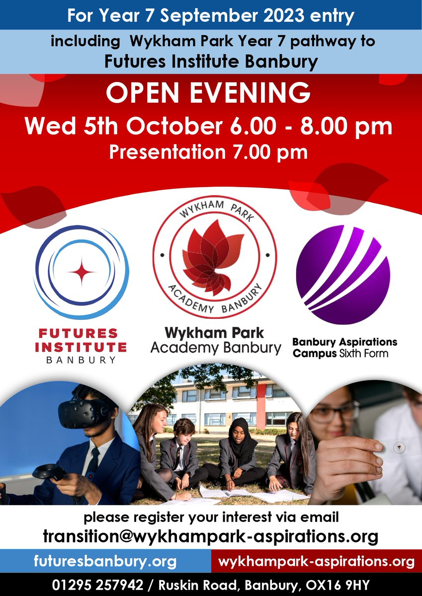 Does your 11-year-old have a passion for STEM? 
Then the Year 7 Pathway <a href="/WykhamPark/">Wykham Park Academy</a> &amp; <a href="/futuresbanbury/">Futures Institute Banbury</a> could be the key to academic success for your Year 7 child!
Places available, Sept 2023 start. Find out more at the Open Evening on Wed October 5, 6-8pm.