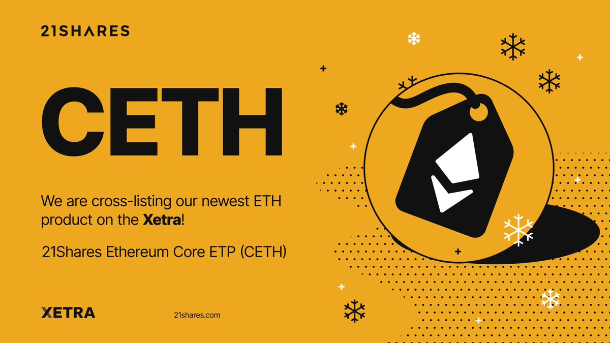 21shares's tweet photo. The @21shares Core Ethereum ETP is the newest ETH product in our Crypto Winter Suite &amp; is now cross-listed on @Xetra - our 23rd ETP in the German market!

CETH Ticker: USLH GY
Currency: EUR

🚨@21Shares provides the broadest selection of ETPs on Xetra!
https://t.co/Gi9jC0uJo6 https://t.co/JacY5QZsrI