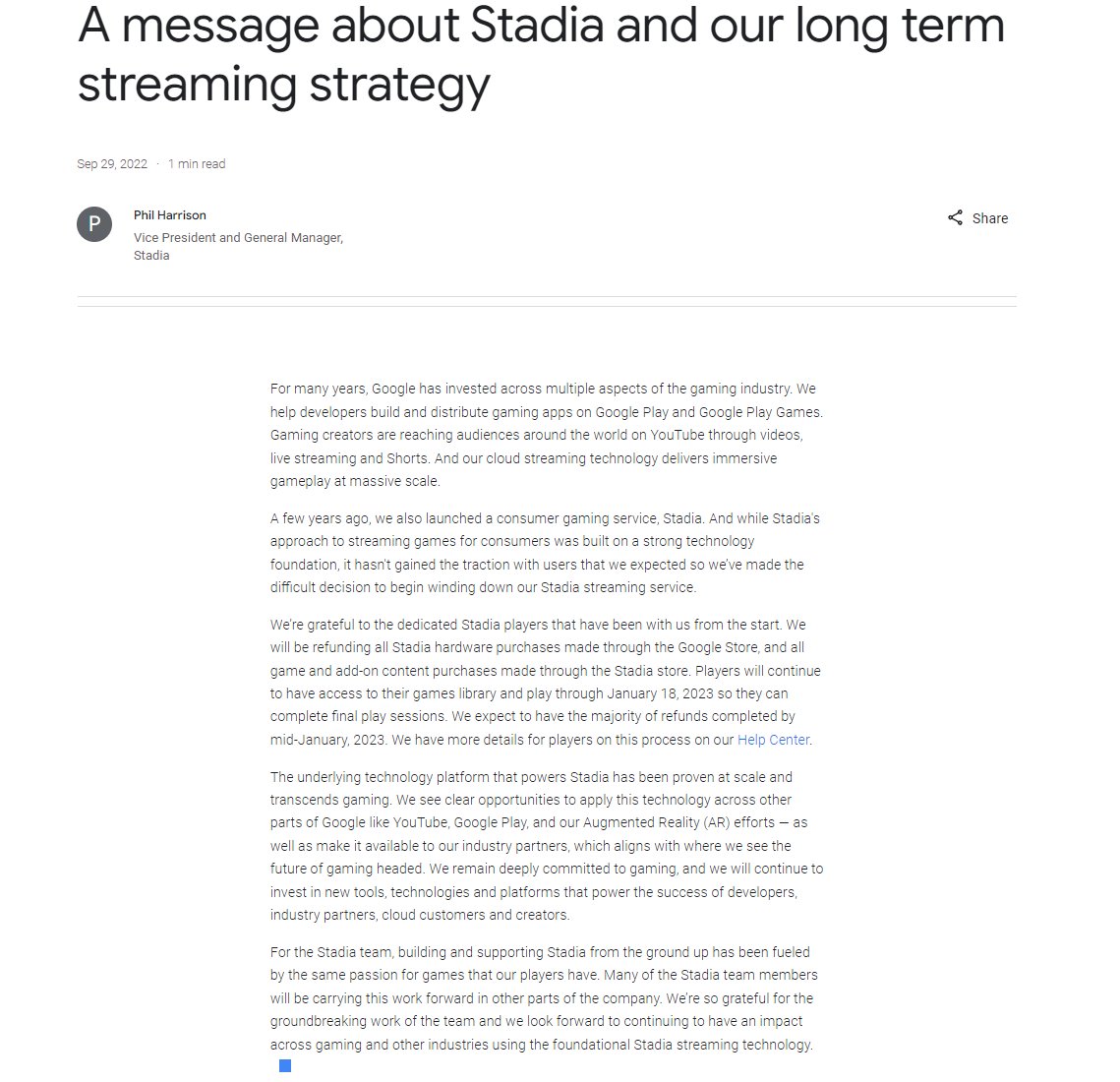 Wario64's tweet image. Google is shutting down Stadia on January 18th, 2023 theverge.com/2022/9/29/2337…

blog.google/products/stadi…