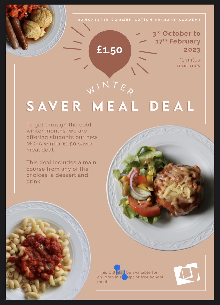 MCPAcademy's tweet photo. To support our families this winter, school dinners which are paid-for will be reduced to a cost of £1.50 for a main, dessert and drink. #winterwarmers https://t.co/CGCy2B8lb7