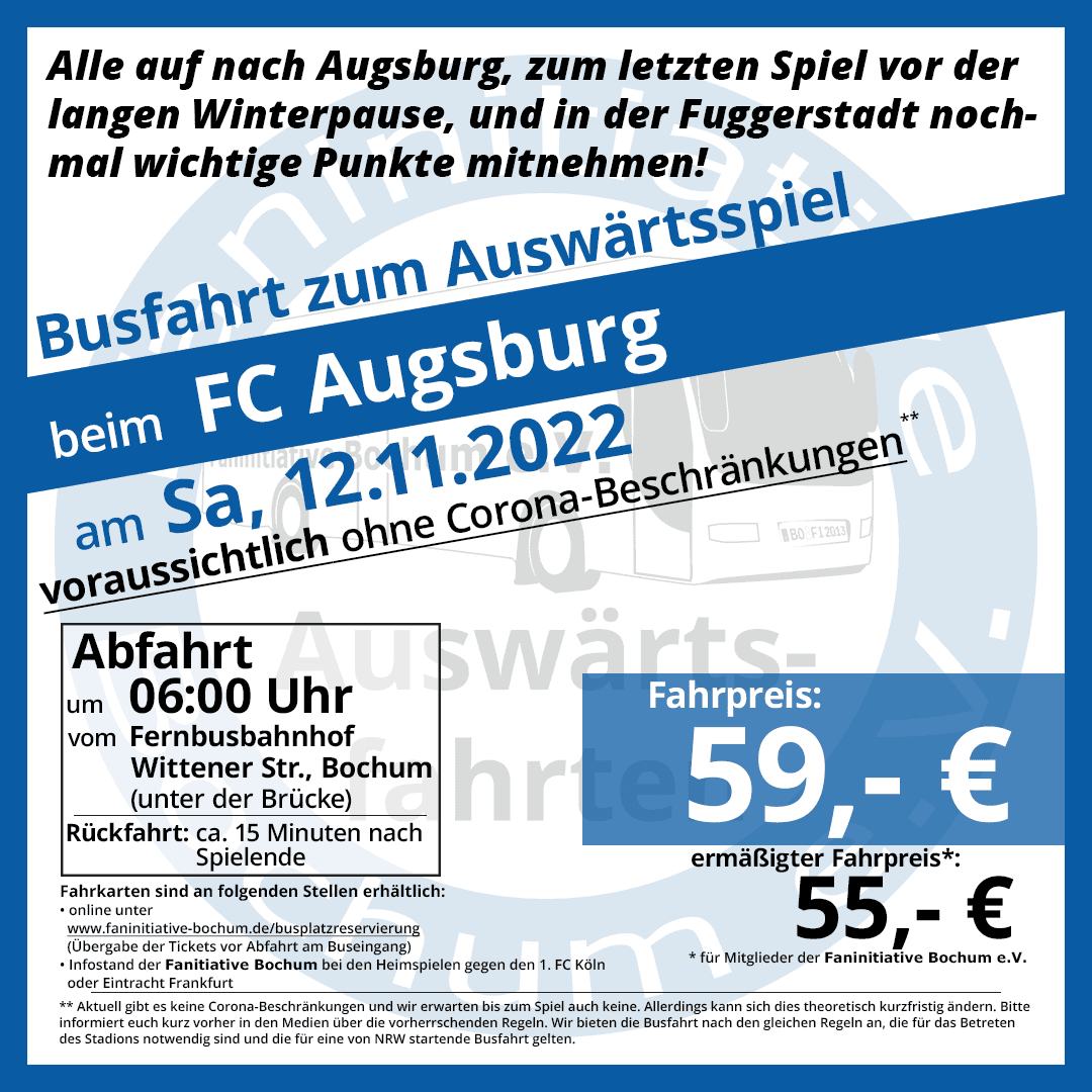FaniniBo's tweet photo. Auch zum letzten Auswärtsspiel, vor der langen Winterpause (#BoycottQatar2022) beim @FCAugsburg können wir wieder eine Busfahrt anbieten. Abfahrt ist diesmal schon um 6 Uhr morgens am ZOB, alle weiteren Infos findet ihr in der Grafik! Bis (hoffentlich) bald! 💙🤍 #meinVfL #FCABOC https://t.co/AVMfnmFsfn