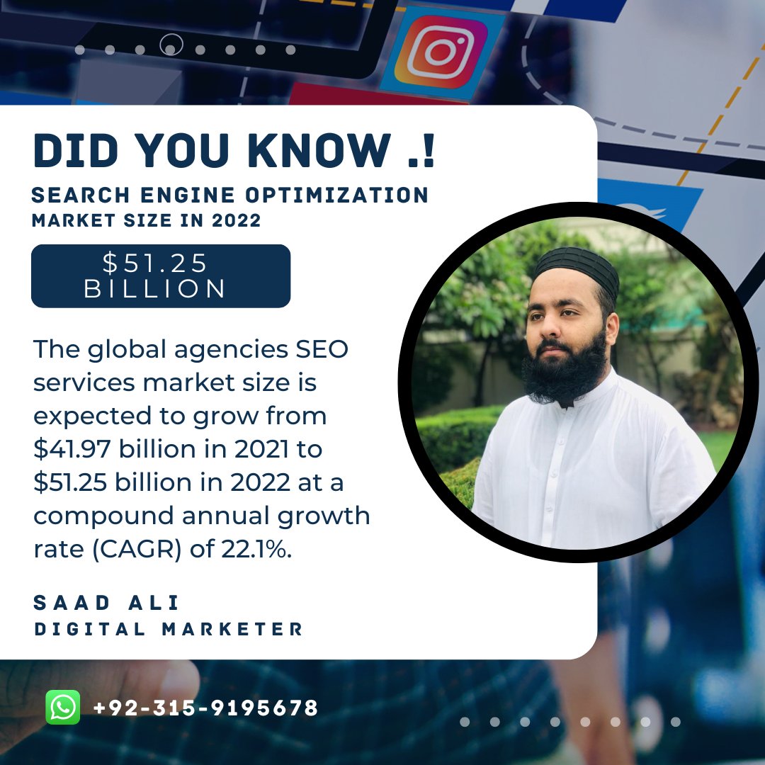 saady0787's tweet photo. DID YOU KNOW ...!
Search Engine Optimization Market size in 2022.
.
.
.
#seo #seotips #searchengineoptimaztion #searchenginemarketing #searchengines #searchengineranking #searchengineoptimaztiontips #searchengineadvertising #seoexpert #seospecialist #seotipsandtrick #saadali2585 https://t.co/LZXaGJS2t7