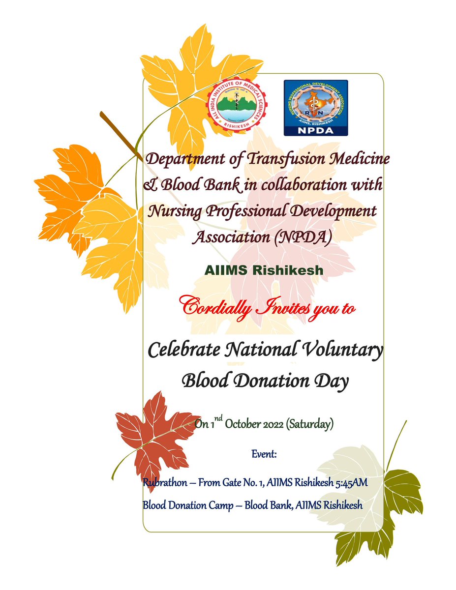 NpdaR's tweet photo. @aiimsrishi @meenusingh4 @nsgunionaiims @PCMEENA03365829 @harish_kajla @AIGNFNURSES @ukcmo @MoHFW_INDIA 
#donateblood 
#savelife https://t.co/2eRs1V3cXJ