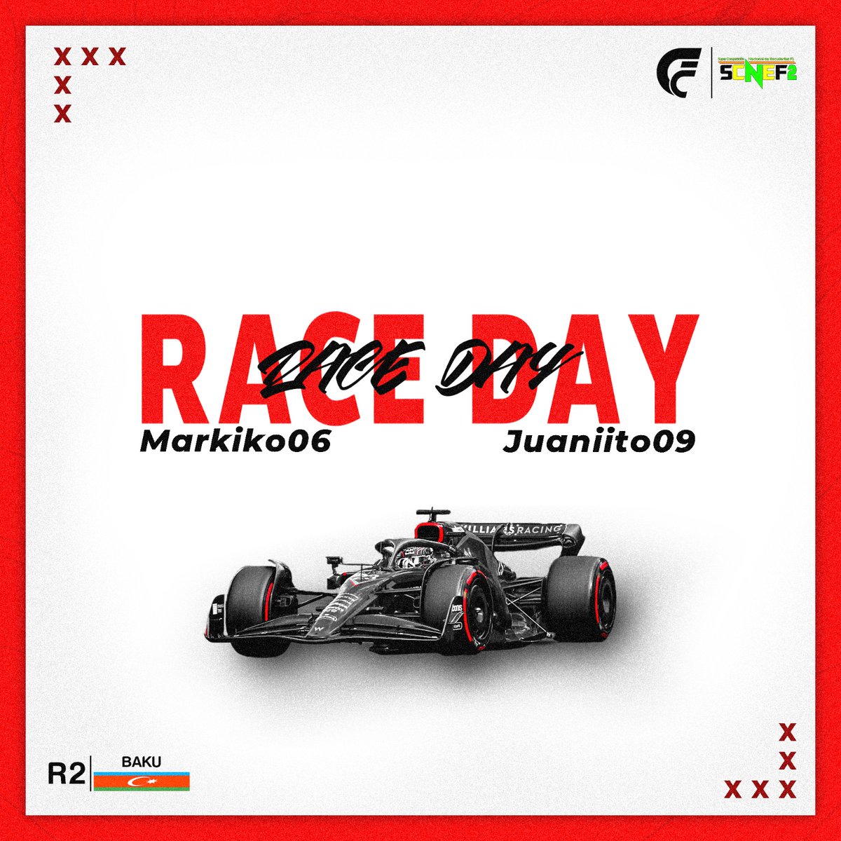 🏁🏁RACE DAY🏁🏁

Disputamos la segunda cita de la temporada de SCNEF en el circuito de Baku🇦🇿
Pilotos: <a href="/Markiko06_w/">Marco</a> &amp; @FJuaniito9 

Nos vemos a las 22.00h en el canal de Twitch de <a href="/F1Friendscup/">skansjsj</a> 

#VamosF1Resistencia