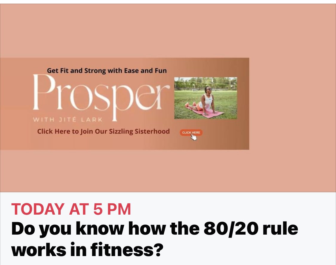 JiteLark's tweet photo. Join me again today, inside our FB sisterhood as I share how the 80/20 rule or philosophy can make your life- AND your fitness/health routine- easier and more effective. Get link🖕🏾to join us and see you inside 😜💪🏾✅🏃🏾‍♀️🙌🏾💯. #fitnfun #theembodyprogram #winninginhealth https://t.co/YWXl0EscLX