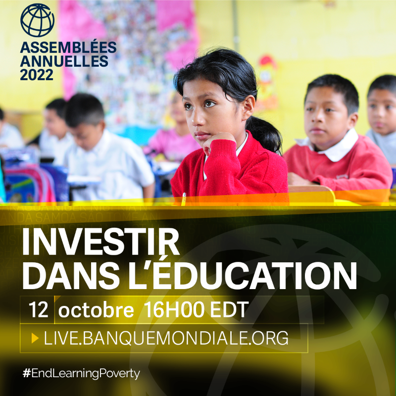 Banquemondiale's tweet photo. 🟡 Comment rattraper les pertes scolaires avant qu'elles ne deviennent irréversibles ?
🟡 Comment inciter les pays à protéger et investir dans le #capitalhumain de leur population ?
POSEZ vos questions et RDV EN DIRECT le 12/10 à 16h EDT #EndLearningPoverty #learninglosses