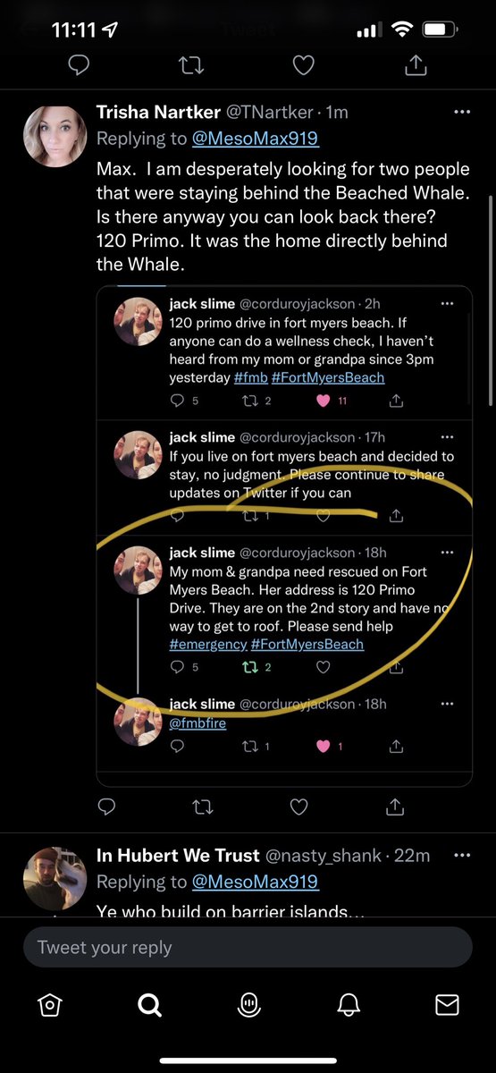 #FortMyersBeach  can anyone please go to 120 Primo Drive on FMB, behind the Beached Whale to do a check on two individuals that were in the condo?  We are begging anyone to help! <a href="/corduroyjackson/">jack slime</a>  #fmb #rescue #IanHurricane