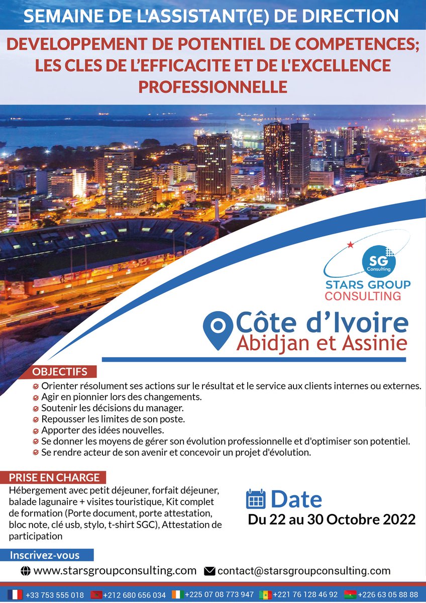 SGC_CONSULTING's tweet photo. Fin octobre, les Assistant(e)s sont à l'honneur à Abidjan et à Assinie.
Participer à la semaine de l'assistant(e) de direction sur le 𝗗𝗘́𝗩𝗘𝗟𝗢𝗣𝗣𝗘𝗠𝗘𝗡𝗧 𝗗U 𝗣𝗢𝗧𝗘𝗡𝗧𝗜𝗘𝗟 𝗗𝗘 𝗖𝗢𝗠𝗣𝗘́𝗧𝗘𝗡𝗖𝗘𝗦
#formationprofessionnelle #assistantdedirection #sgc https://t.co/GwAQ9gpz9Z