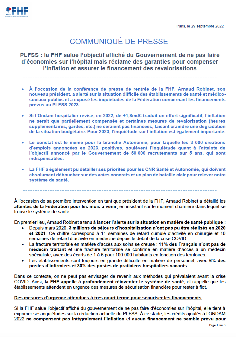 laFHF's tweet photo. [Communiqué] #PLFSS2023 : la FHF salue l’objectif affiché du @gouvernementFR de ne pas faire d’économies sur l’hôpital mais réclame des garanties pour compenser l’#inflation et assurer le financement des revalorisations ⬇️
https://t.co/uOt0IaDgjX https://t.co/QhSm2PHE9T