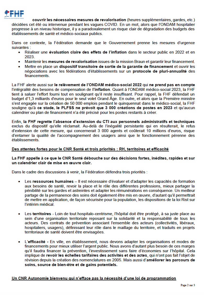 laFHF's tweet photo. [Communiqué] #PLFSS2023 : la FHF salue l’objectif affiché du @gouvernementFR de ne pas faire d’économies sur l’hôpital mais réclame des garanties pour compenser l’#inflation et assurer le financement des revalorisations ⬇️
https://t.co/uOt0IaDgjX https://t.co/QhSm2PHE9T