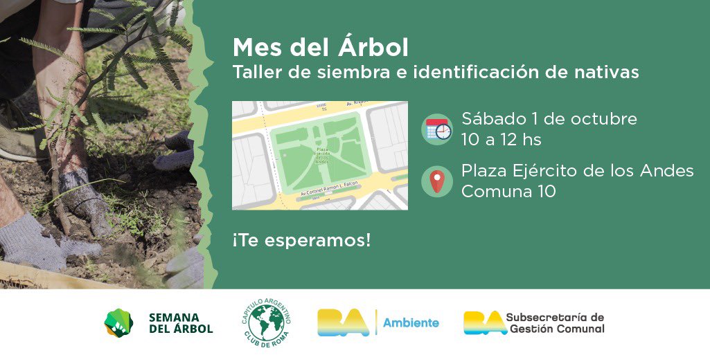 🌱 Junto a @baambiente te invitamos a participar de un taller de siembra e identificación de nativas.

📆 Sábado 1 de octubre
🕥 10 a 12 h
📍Plaza Ejército de Los Andes - Av. Rivadavia 10300.

¡Los esperamos!