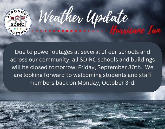 Indian River Schools closed tomorrow,  Friday, September 30th.