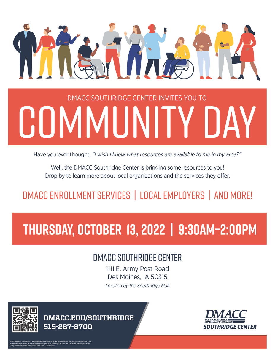 Have you ever thought, “I wish I knew what resources are available to me in my area?”

Well, the DMACC Southridge Center is bringing some resources to you! Drop by to learn more about local organizations and the services they offer:
