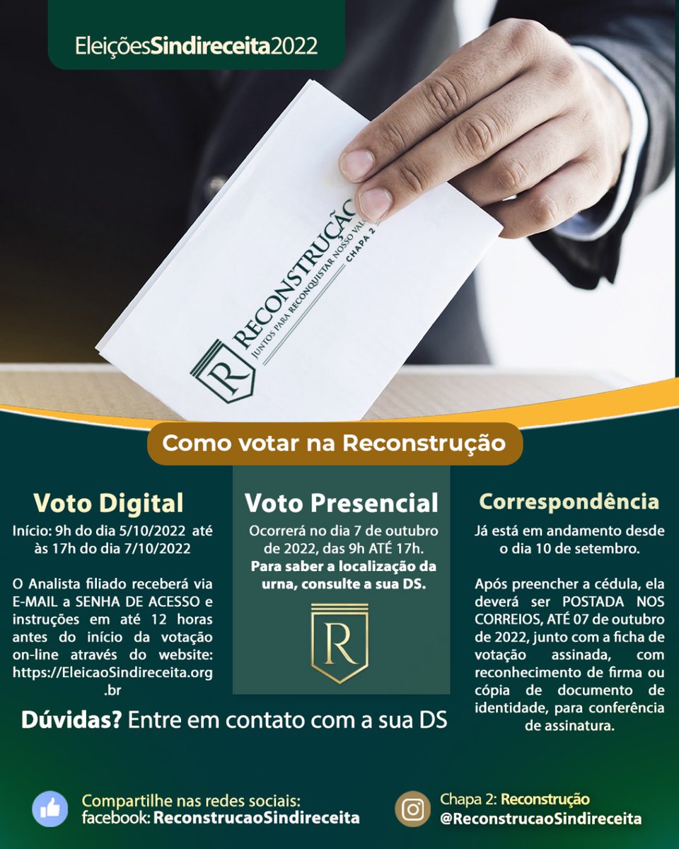 RSindireceita's tweet photo. ESSE É O MOMENTO, vamos juntos RECONSTRUIR nosso SINDIRECEITA.

📍INSTRUÇÕES:

Votação  PRESENCIAL: Ocorrerá no dia 7 de outubro de 2022, das 9h ATÉ 17h. Consulte a localização da Urna com a sua DS.

Votação DIGITAL: Das 9h do dia 5 outubro de 2022, até às 17h do dia 07/10/2022. https://t.co/thIslfYy4h