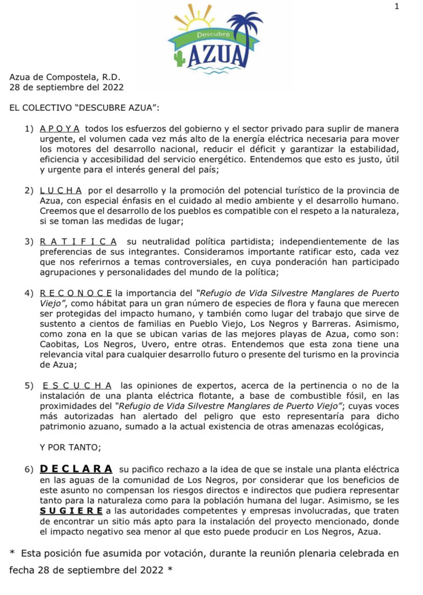 Compartimos con ustedes nuestra posición oficial referente al proyecto eléctrico que pretenden instalar en Los Negros, Provincia de Azua. 

#DescubreAzua 🇩🇴