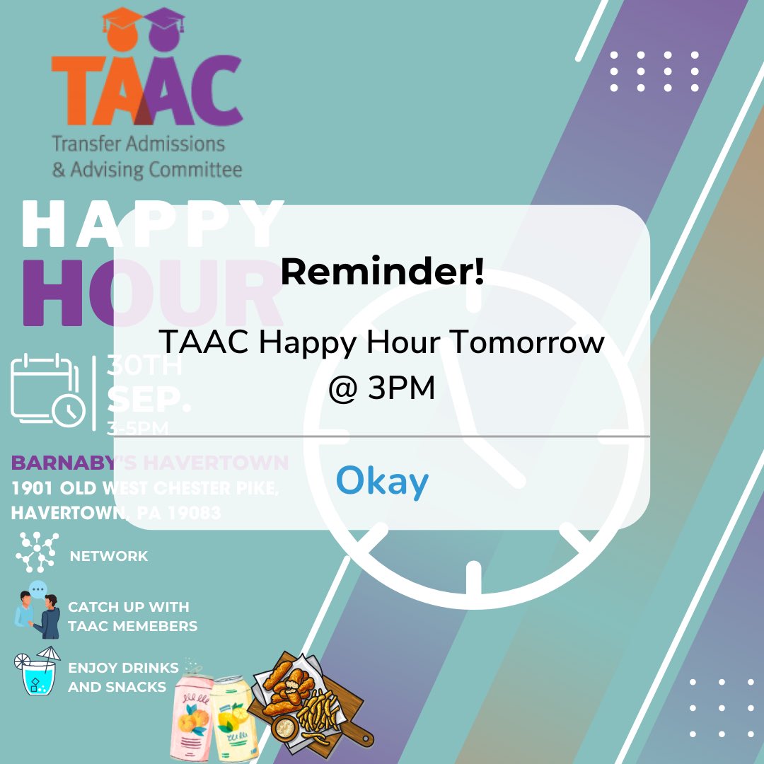 TAAC members, just sending out a reminder about our Happy Hour TOMORROW! ⬇️

Join us at 3pm on September 30th at Barnaby’s Havertown! We are excited to host this event and have the chance to see everyone in-person again. 

Appetizers, drinks and socializing! We hope to see you!