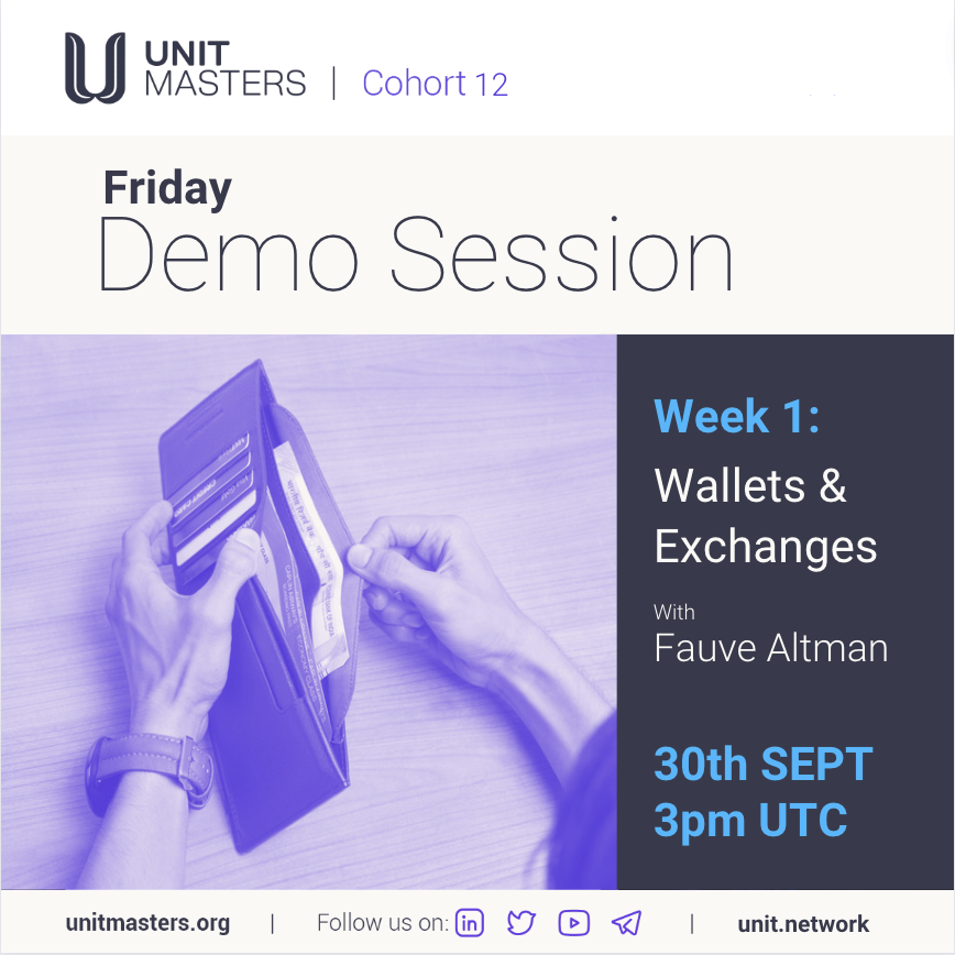 theunitnetwork's tweet image. Join our #unitmasters demo session ft. Fauve Altman. Learn essentials for your Web3 journey: 
Wallets and Exchanges

🗓 This Friday, September 30th.
⏰ 3 pm UTC 
📍Link to register: lnkd.in/e3mkqawP

Join the 6-week free blockchain literacy course: unitmasters.org