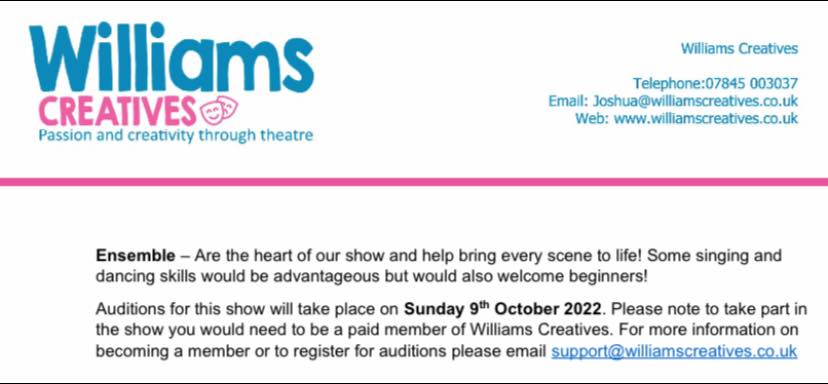 🌟AUDITION NOTICE🌟
🧚🏼‍♀️Cinderz Story🧚🏼‍♀️
Please see below the audition brief for an overview of the show, character roles and audition day details. 
support@williamscreatives.co.uk 
williamscreatives.co.uk