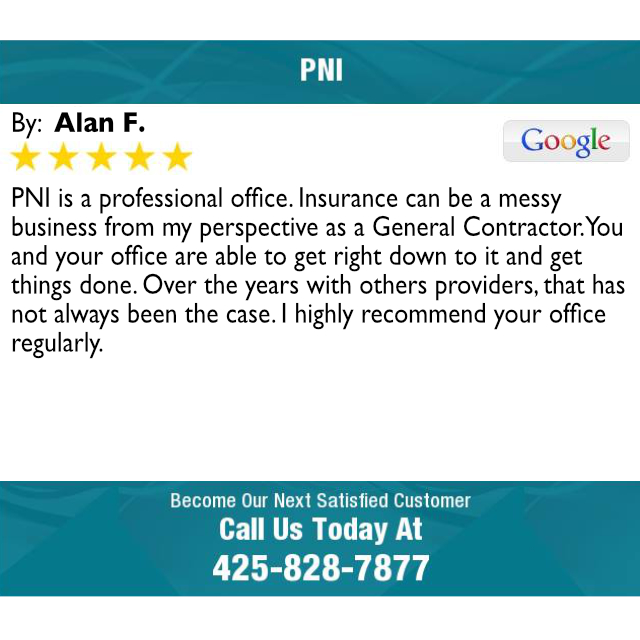 PNWInsurance's tweet photo. ⭐⭐⭐⭐⭐: Alan F. "PNI is a professional office. Insurance can be a messy business from my perspective as a General Contractor. You and your office are able to get right down to it and get things done...I highly recommend your office regularly." https://t.co/eDjc9saesT