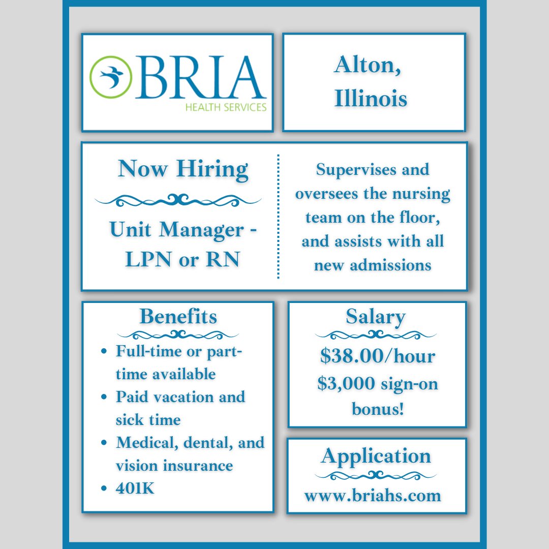 Even though BRIA Health Services of Alton will be hosting a hiring event with us on October 19th, recent grads and general job seekers are free (and encouraged 😊) to apply to BRIA’s already open positions!

Please see and share the attached flyers with all who may have interest!