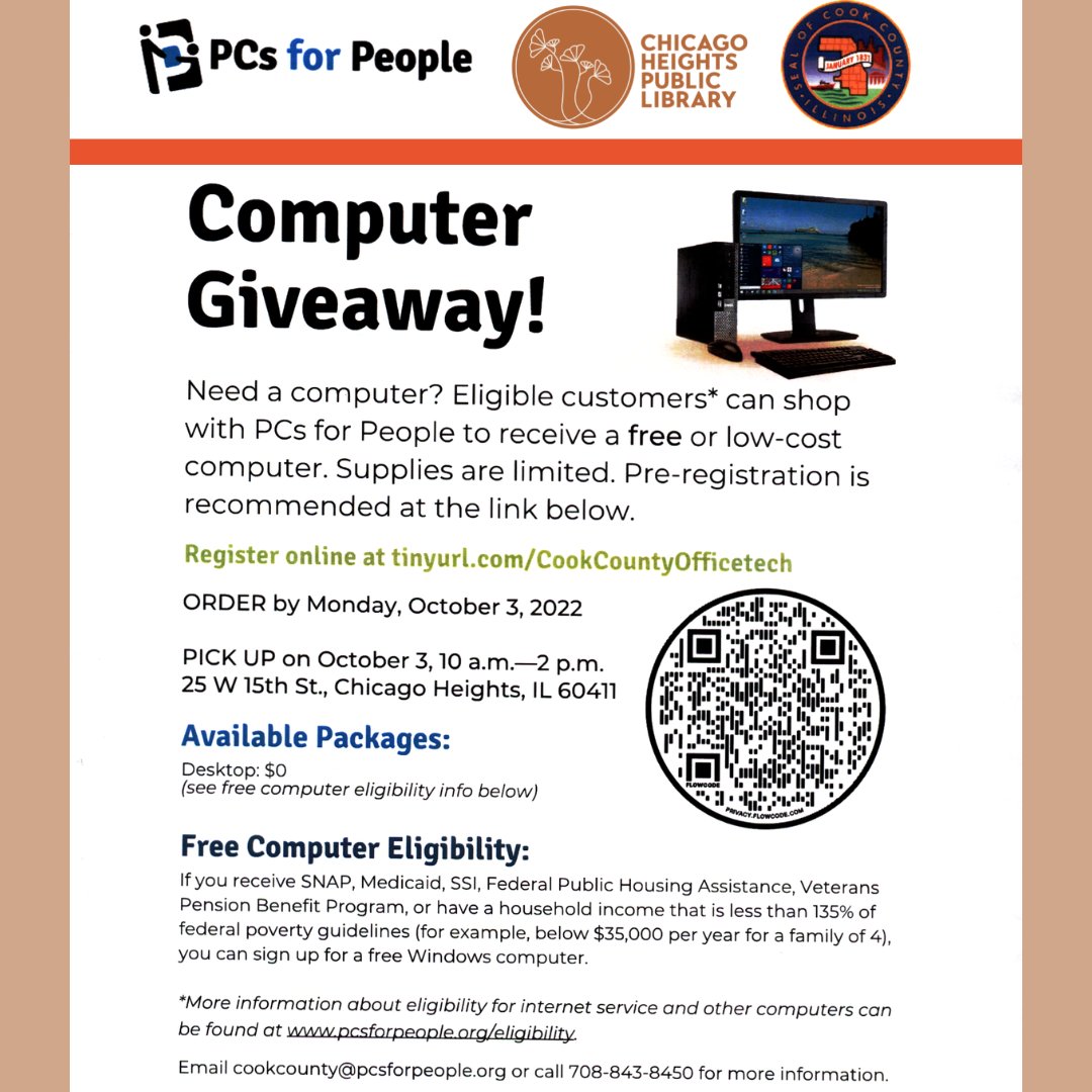 CHPLibrary's tweet photo. 🌱 Computer Giveaway 🌱
🌱 Monday, October 3 2022. 10am - 2pm. At the Chicago Heights Public Library.
🌱 Need a computer? Eligible customers can shop with PCs For People to receive a free or low-cost computer. Supplies are limited. Pre-registration is recommended. https://t.co/ZDWOeDNtk8