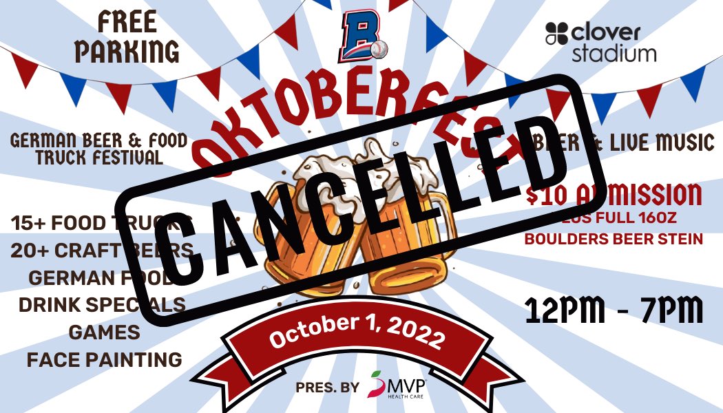 Due to the rain from the remnants of Hurricane Ian we are cancelling our Oktoberfest on Saturday, October 1st at Clover Stadium. Join us on October 15th for the Hudson Valley Craft Beer and Food Truck Festival! We look forward to seeing you on the 15th!!