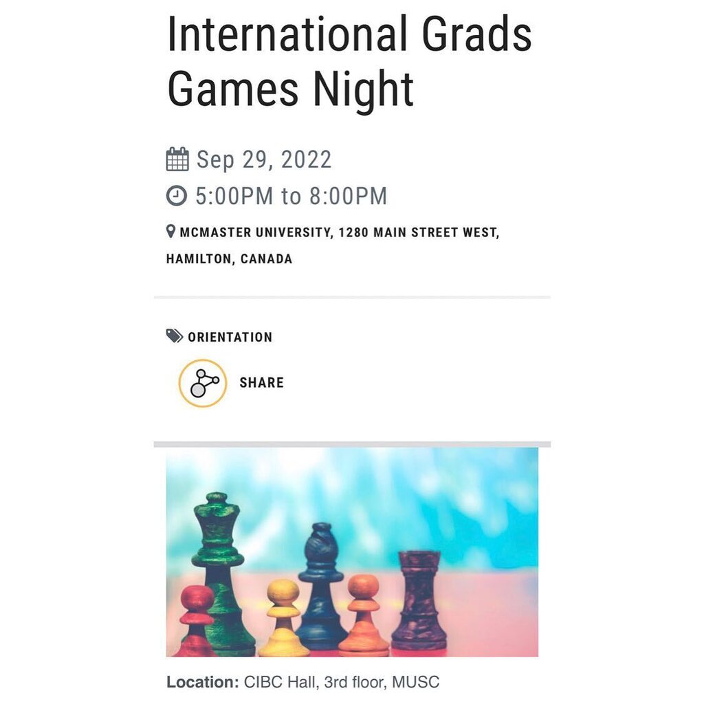 New to campus? Want to make some friends and have fun? Want to meet us? 
Join us today for the Games Night in collab with <a href="/gsa/">GSA</a>.of.mcmaster and International Student Services ❤️

See you all there!! 
Registration link is in the bio!! 

#mcmaster #mcmaster… instagr.am/p/CjGP9KUrKwS/
