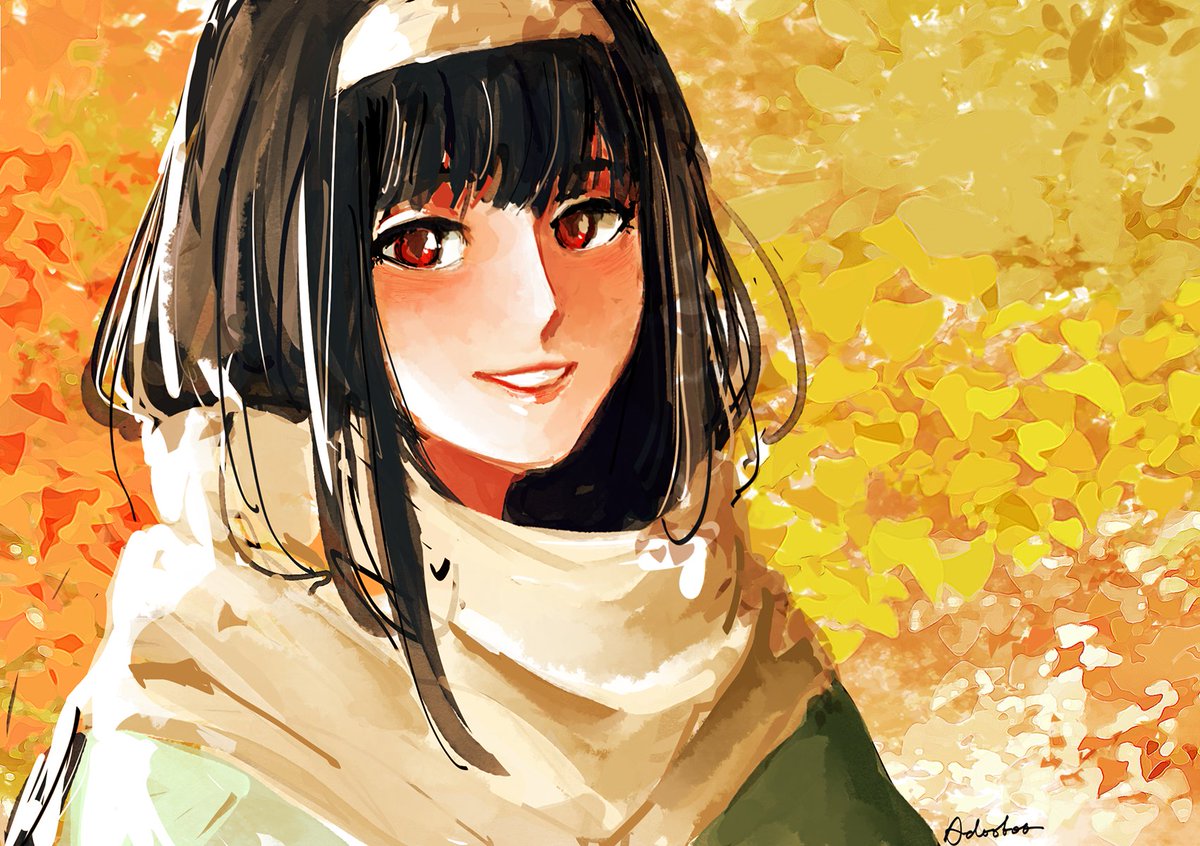 1girl solo black hair smile hairband looking at viewer red eyes  illustration images