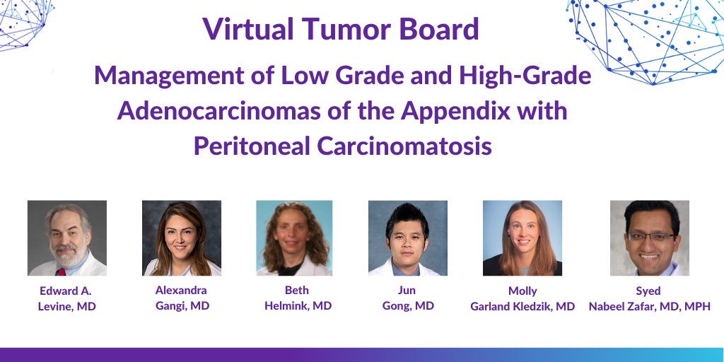 Be part of Monday's virtual tumor board with Edward A. Levine, MD, @AGangiMD, @BethHelmink, Jun Gong, MD, Mary Kledzik, MD, and Syed Nabeel Zafar, MD as they discuss the management of appendiceal adenocarcinoma with peritoneal carcinomatosis. Register at ow.ly/4Row50KS9gp.